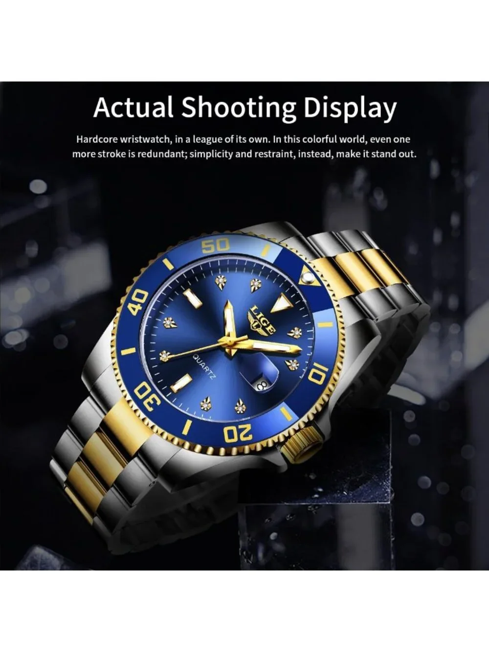 Men's Silver Gold Blue Quartz Analog Stainless Steel Waterproof Date Wristwatch
